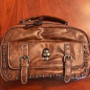 Brown Leather Skull-Accent Crossbody